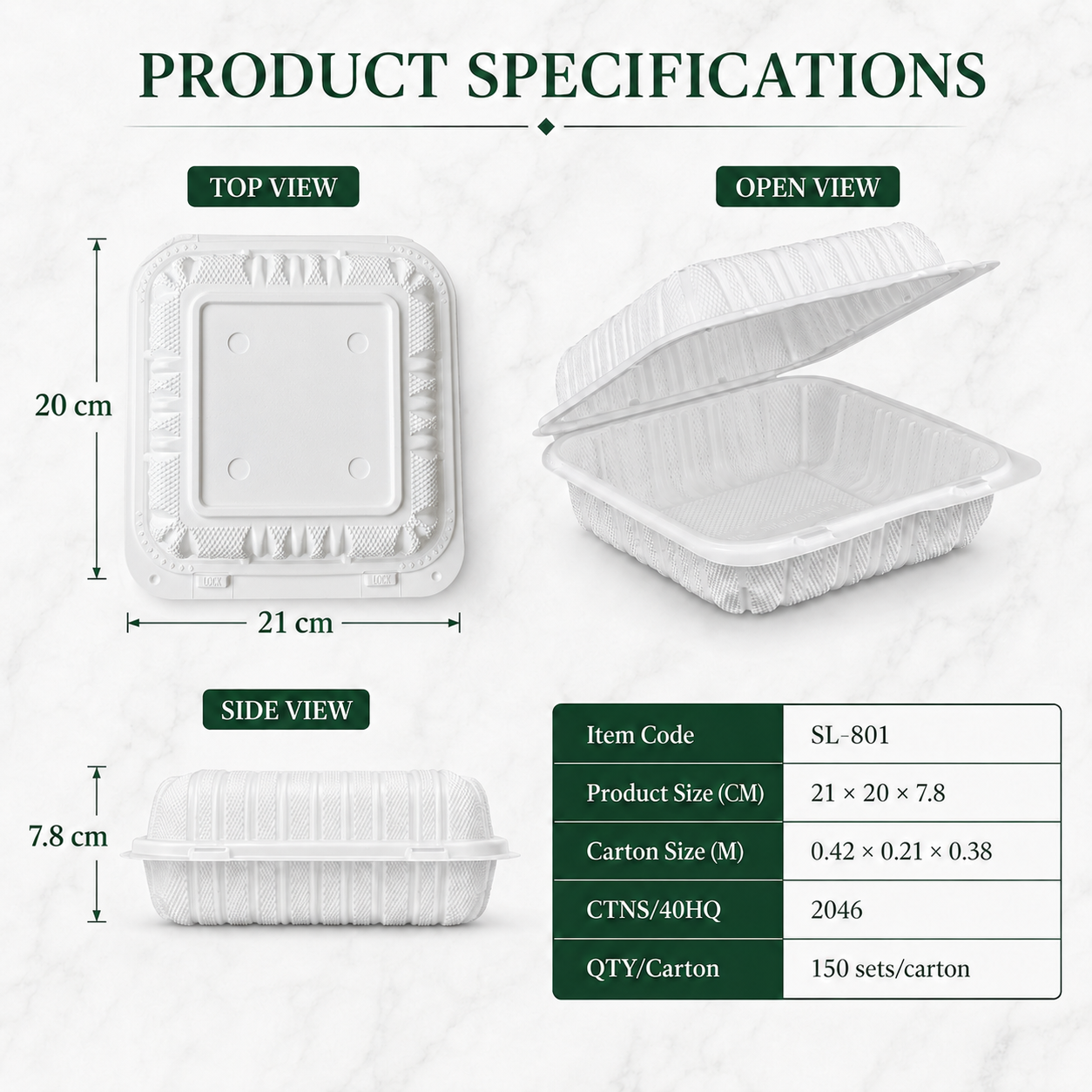 SL-801 8 Inch Single Compartment Smart Lock MFPP Clamshell Food Container